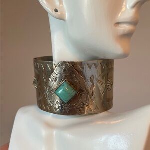 Hand-Stamped Silver Turquoise cuff bracelet - Turquoise